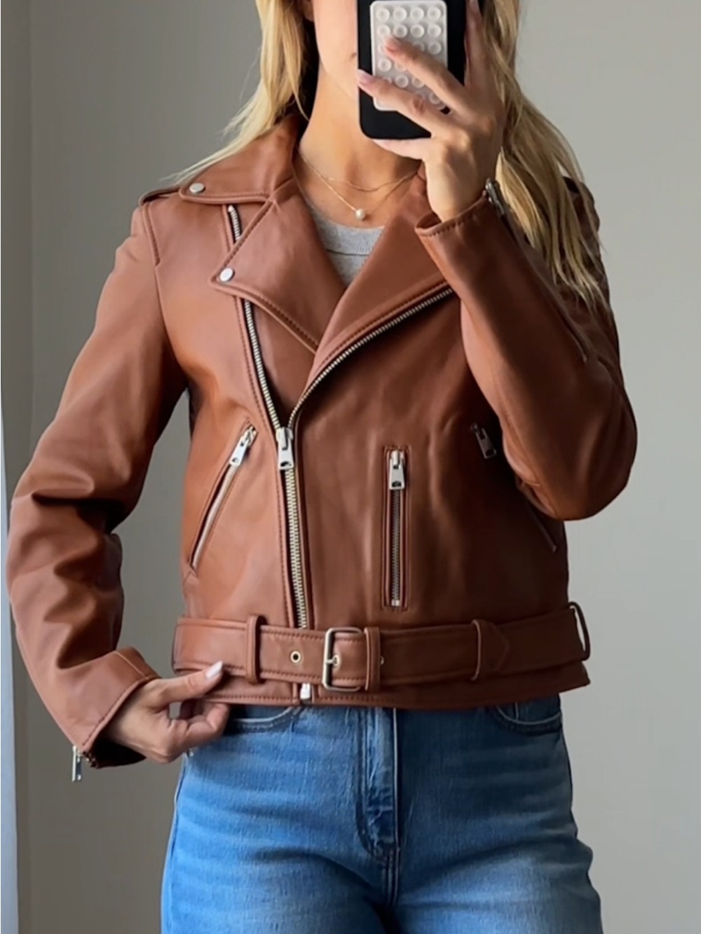 Quince 100% Sheep Leather Motorcycle Jacket Cognac Zipper Pockets & Belt medium